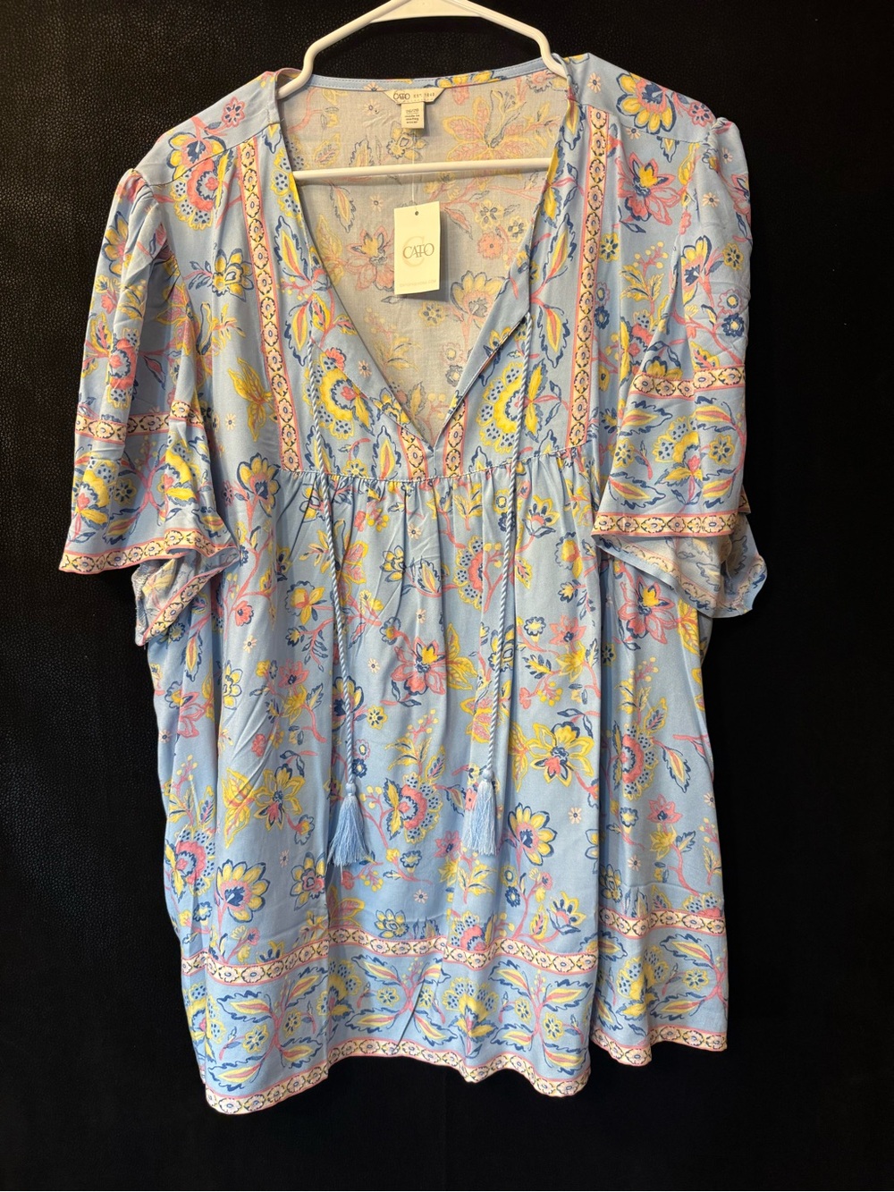 Cato Womens 26/28 Plus Size Floral Boho Tunic Top Blue Rayon NWT Tassel